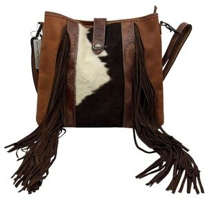 Myra Bag Leather Hair-on-Hide Fringe Crossbody Bag Tooled Sunflower Strap Brown